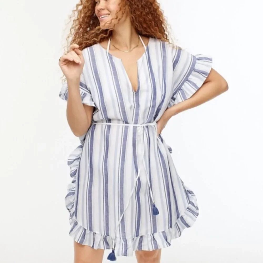 J. Crew White And Blue Stripes Linen Cotton Side-Ruffle  Tunic Dress Size S